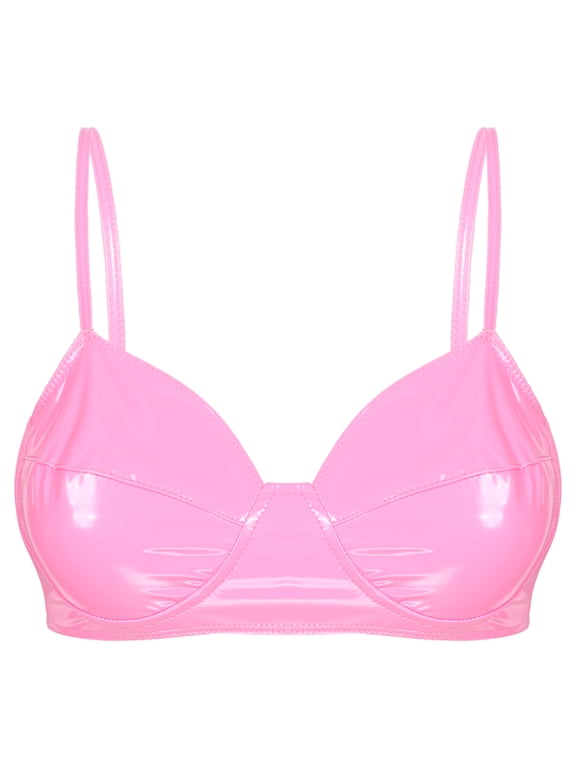 Women's Wet Look Faux Leather Wire-free Unlined Bra Top Triangle Bralette Underwear Pink M