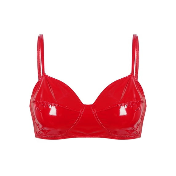iiniim Women's Wet Look Faux Leather Wire-free Unlined Bra Top Triangle Bralette Underwear Red L