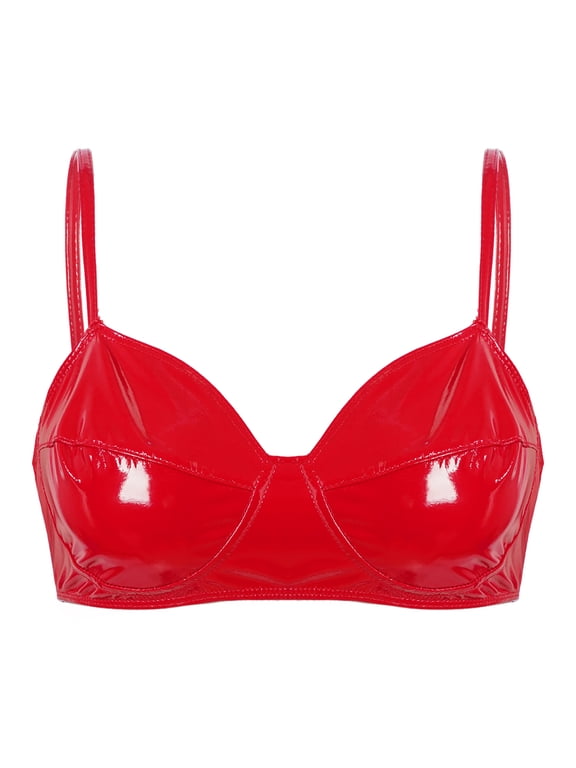 Women's Wet Look Faux Leather Wire-free Unlined Bra Top Triangle Bralette Underwear Red S