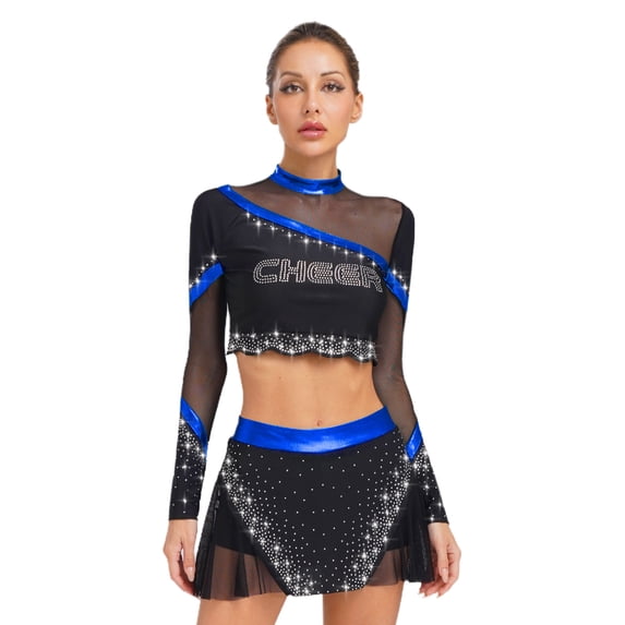 iiniim Womens 2 Piece Long Sleeve Cheerleading Outfits Crop Tops With Dance Skirt For Rave Dancewear Royal Blue M