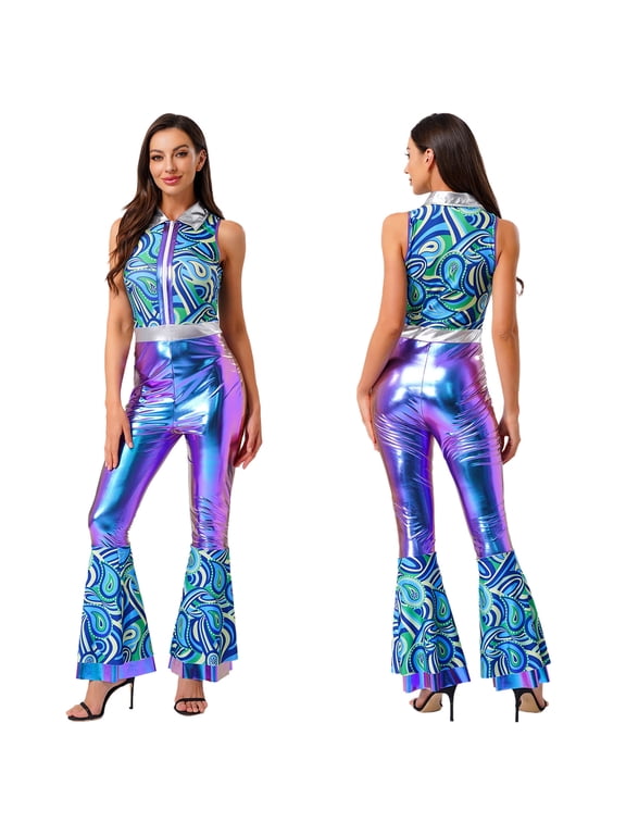 Womens 70s Disco Dance Shiny Metallic Flared Pants Romper for Night Club Halloween Cosplay Gradient Blue L