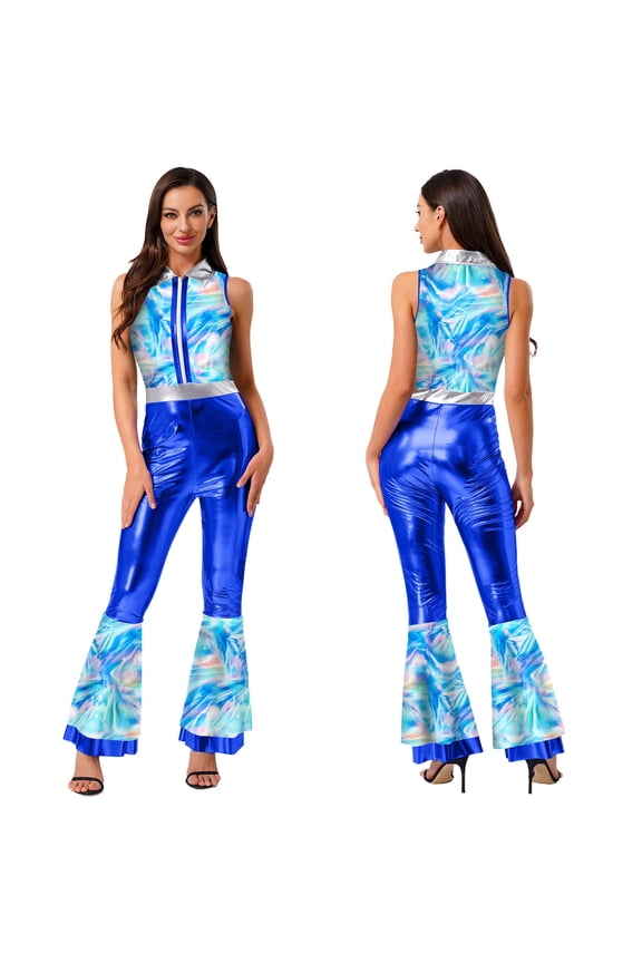 Womens 70s Disco Dance Shiny Metallic Flared Pants Romper for Night Club Halloween Cosplay Royal Blue XXL