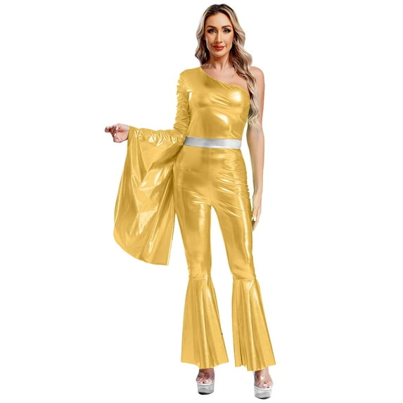 iiniim Womens 70s Vintage Disco Dance Metallic Shiny One Shoulder Flare Jumpsuits Clubwear Gold S