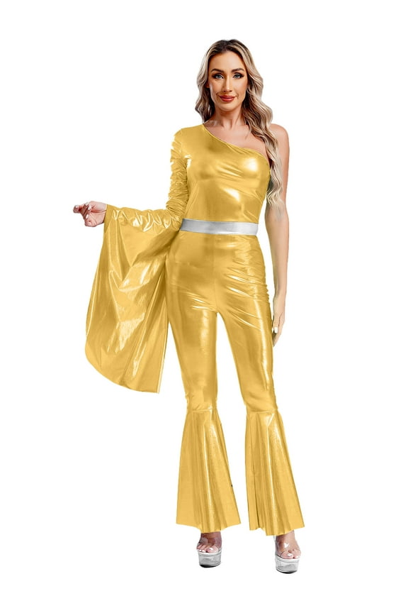 Womens 70s Vintage Disco Dance Metallic Shiny One Shoulder Flare Jumpsuits Clubwear Gold XL