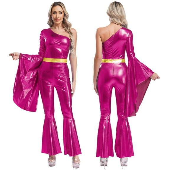 iiniim Womens 70s Vintage Disco Dance Metallic Shiny One Shoulder Flare Jumpsuits Clubwear Hot Pink 3XL