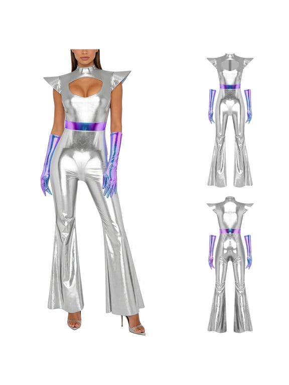 Womens Alien Cosplay Metallic Shiny Jumpsuit with Gloves Mock Neck Fly Sleeve Bodysuit for Halloween Space-themed Party Silver M