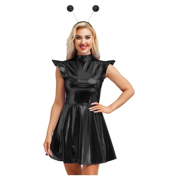 iiniim Womens Alien Costume 2 Piece Cosplay Outfits Shiny Metallic A-line Dress with Headwear Black M