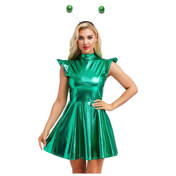 iiniim Womens Alien Costume 2 Piece Cosplay Outfits Shiny Metallic A-line Dress with Headwear Green S