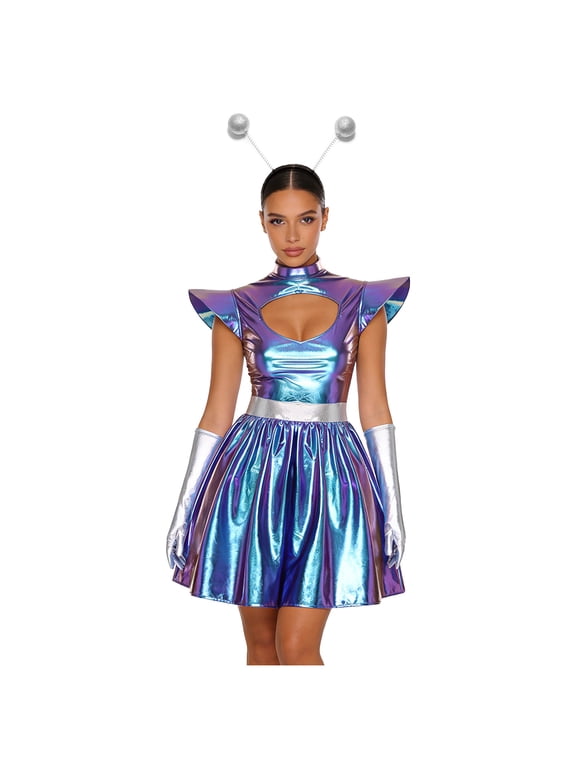 Womens Alien Hollow Out Metallic Dress with Headwear Space Cadet Cosplay Outfits Blue L