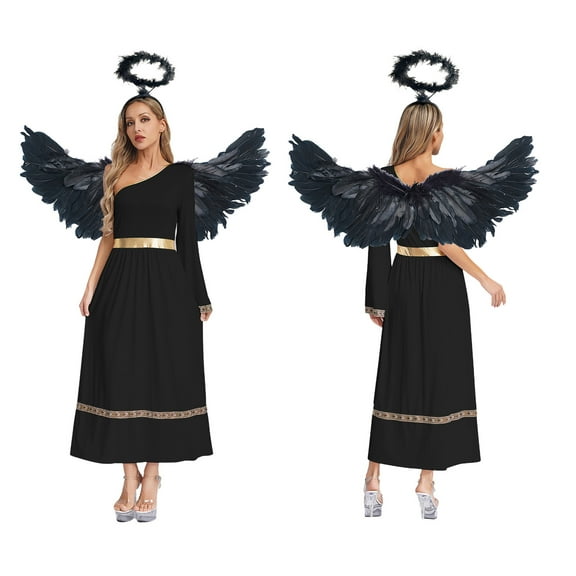iiniim Womens Angel Costume One Shoulder Tunic Dress with Feather Wings Angel Headwear for Halloween Black M