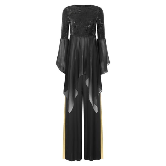 iiniim Liturgical Dancewear for Women Flared Sleeve Sequin Praise Dance Tunic with Wide Leg Pants Black M
