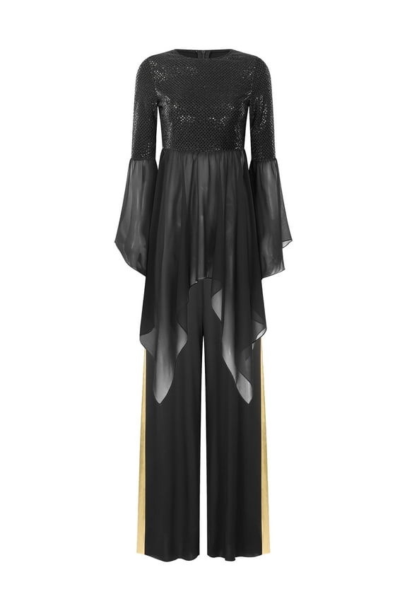 Liturgical Dancewear for Women Flared Sleeve Sequin Praise Dance Tunic with Wide Leg Pants Black S