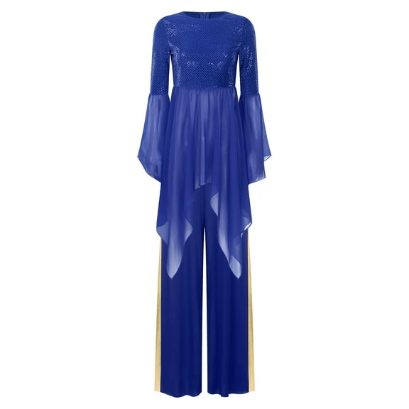 iiniim Liturgical Dancewear for Women Flared Sleeve Sequin Praise Dance Tunic with Wide Leg Pants Blue XL