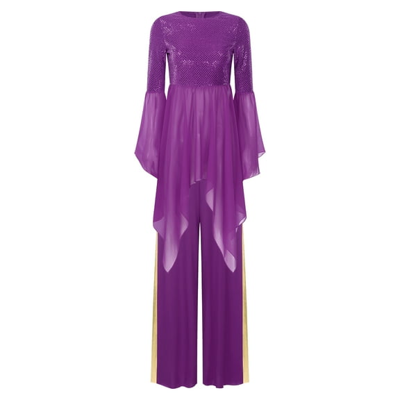 iiniim Liturgical Dancewear for Women Flared Sleeve Sequin Praise Dance Tunic with Wide Leg Pants Purple XXL
