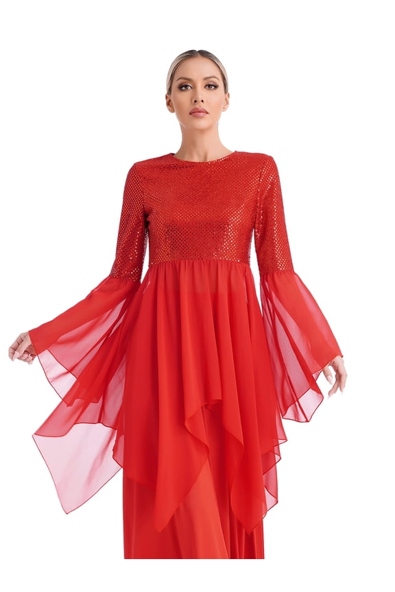 Liturgical Dancewear for Women Flared Sleeve Sequin Praise Dance Tunic with Wide Leg Pants Red S