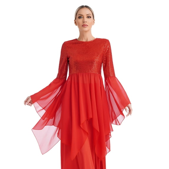 iiniim Liturgical Dancewear for Women Flared Sleeve Sequin Praise Dance Tunic with Wide Leg Pants Red XL