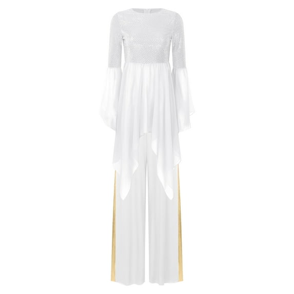 iiniim Liturgical Dancewear for Women Flared Sleeve Sequin Praise Dance Tunic with Wide Leg Pants White M