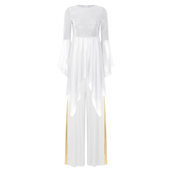 iiniim Liturgical Dancewear for Women Flared Sleeve Sequin Praise Dance Tunic with Wide Leg Pants White XL