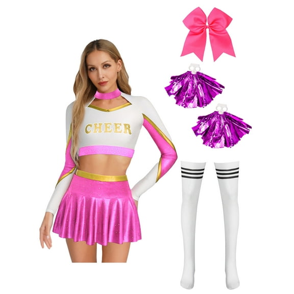 iiniim Womens Cheer Leader Costumes Set Schoolgirl Cheerleading Cosplay Halloween Party Uniform Hot Pink S
