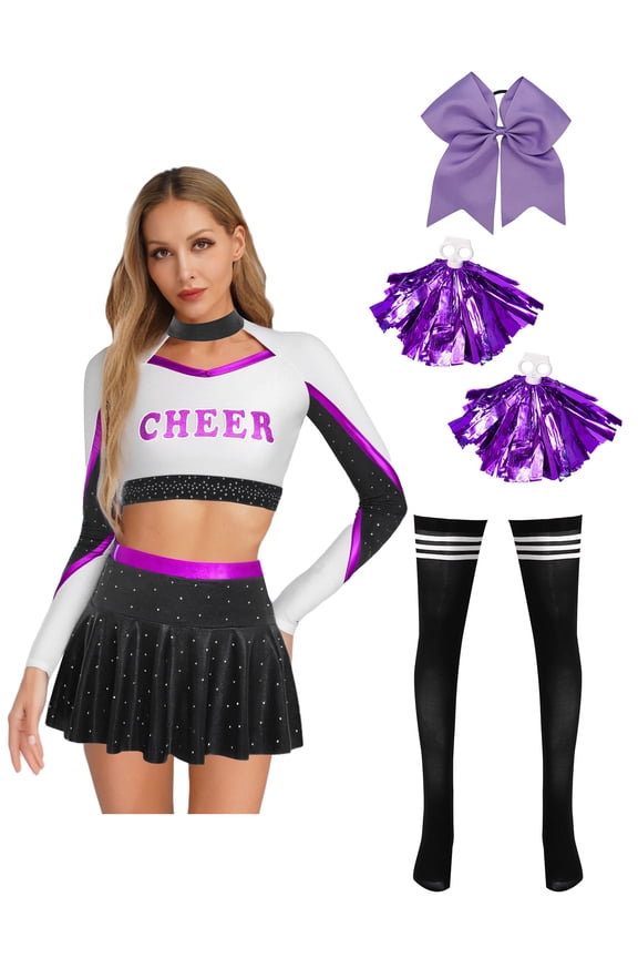Womens Cheer Leader Costumes Set Schoolgirl Cheerleading Cosplay Halloween Party Uniform Purple XL