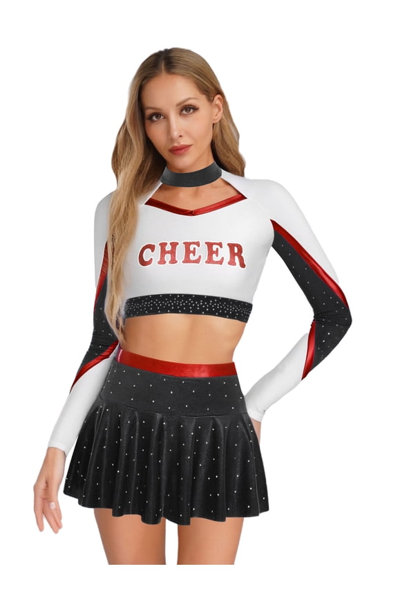 Womens Cheerleading Costume High School Cheer Leader Fancy Dress Outfit Uniform Tops Skirt Black&Red M