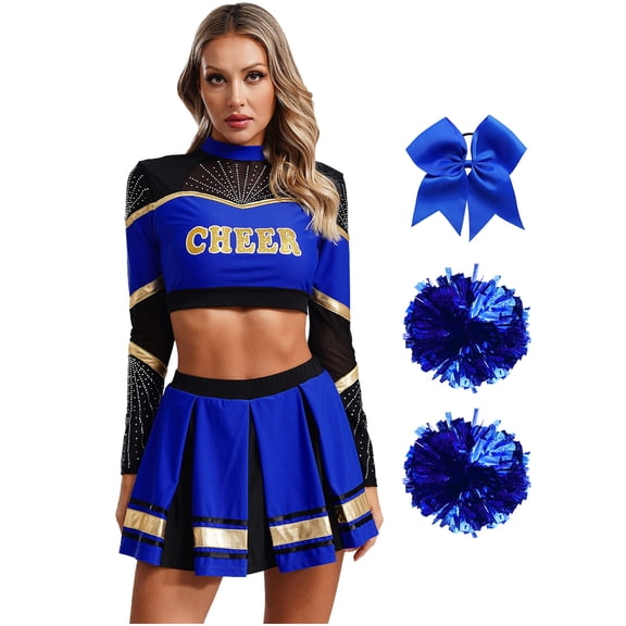iiniim Womens Cheerleading Costume Long Sleeve Crop Top with Mini Pleated Skirt and Accessories Blue S
