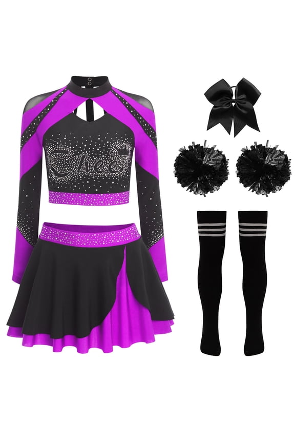 Womens Cheerleading Costume Uniform Long Sleeve Crop Top with Pleated Skirt Accessories Purple B S