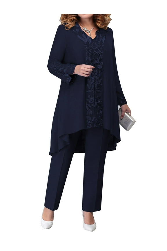 Womens Chiffon Pant Suits Plus Size 3-Piece Dress Suit Wedding Guest Cocktail Formal Evening Gowns A Navy Blue L