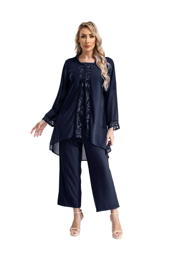 Womens Chiffon Pant Suits Plus Size 3-Piece Dress Suit Wedding Guest Cocktail Formal Evening Gowns A Navy Blue XL