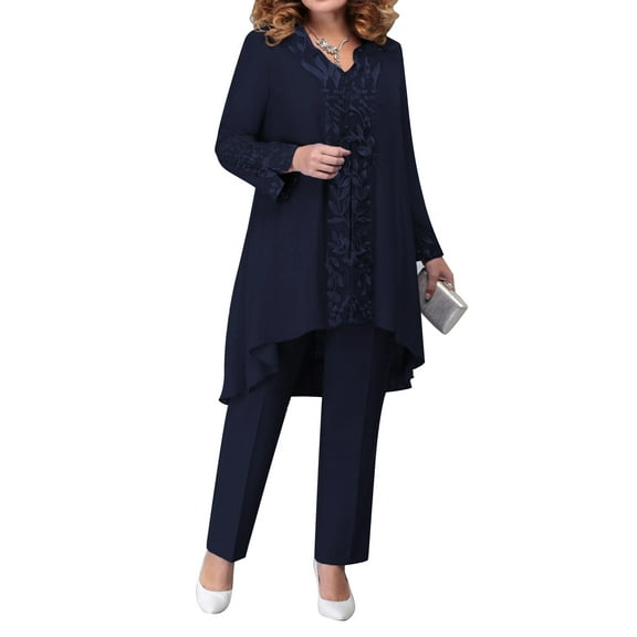 iiniim Womens Chiffon Pant Suits Plus Size 3-Piece Dress Suit Wedding Guest Cocktail Formal Evening Gowns A Navy Blue XXL