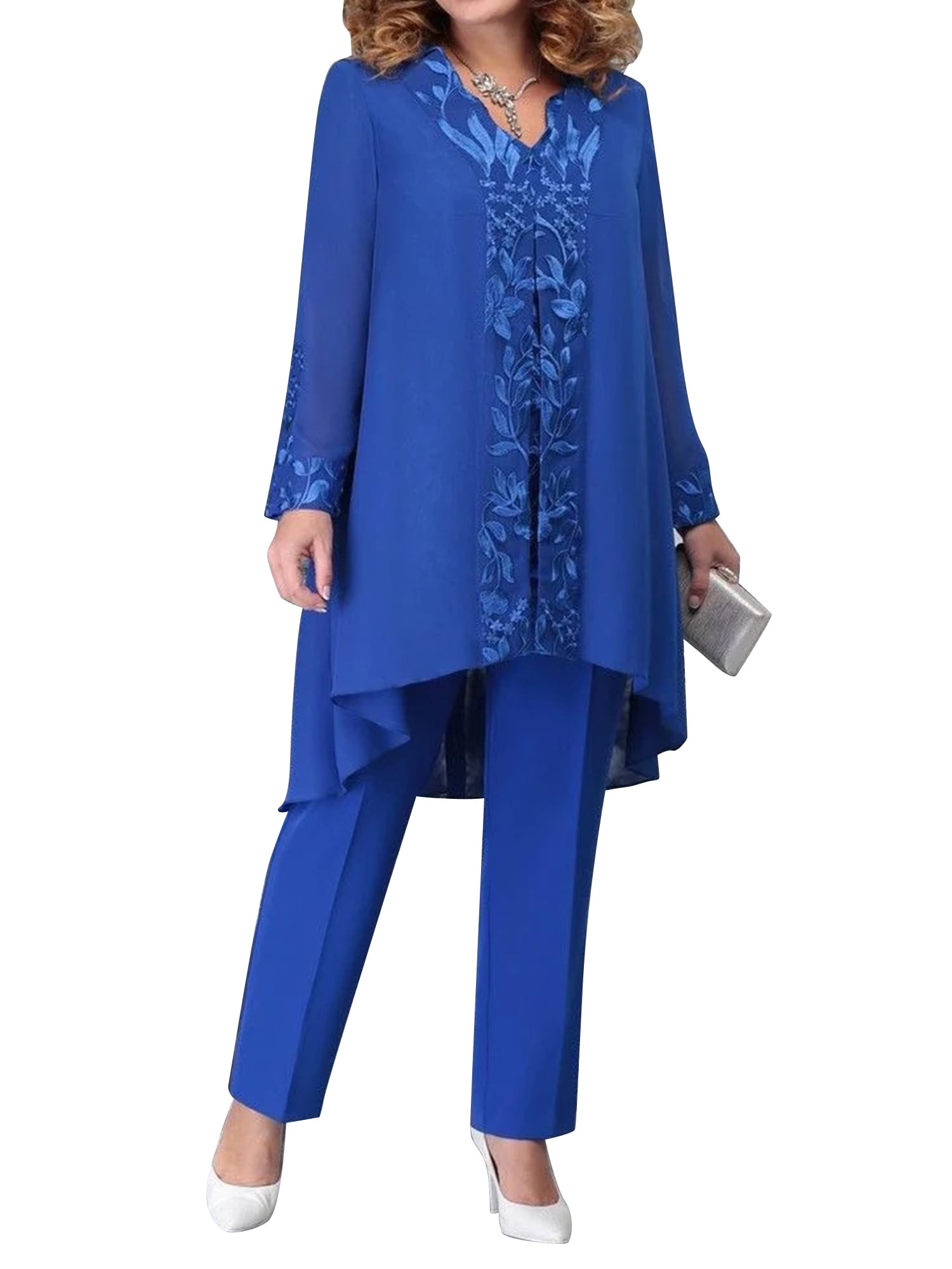 iiniim Womens Chiffon Pant Suits Plus Size 3 Piece Dress Suit Wedding Guest Cocktail Formal Evening Gowns Blue XL
