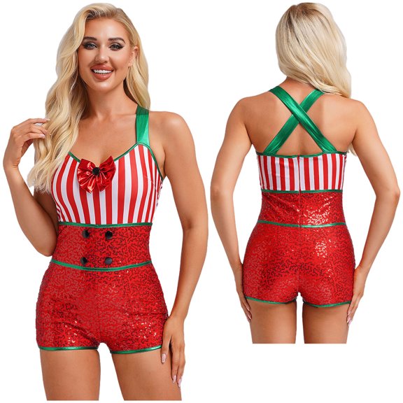 iiniim Womens Christmas Striped Cross Strap Dance Unitard Short Jumpsuit Performance Red M