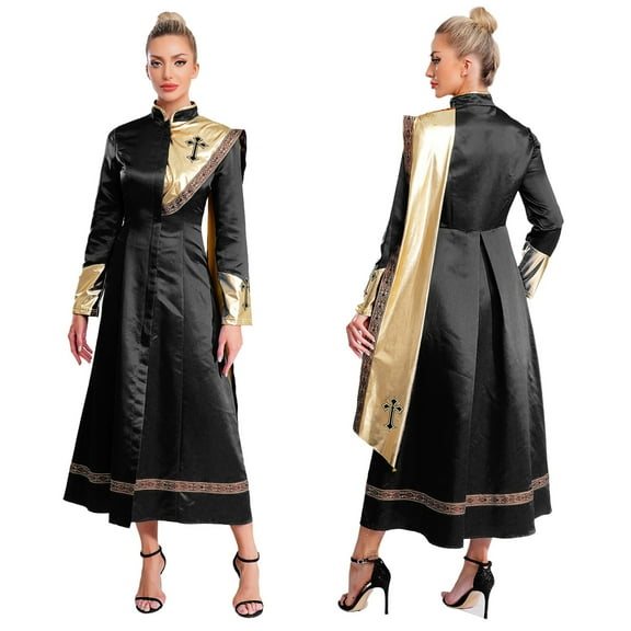 iiniim Womens Church Clergy Priest Robe Gown Long Sleeves Clergy Maxi Dress Pulpit Ress Outfits Black S