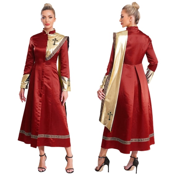 iiniim Womens Church Clergy Priest Robe Gown Long Sleeves Clergy Maxi Dress Pulpit Ress Outfits Burgundy XL