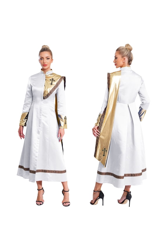 Womens Church Clergy Priest Robe Gown Long Sleeves Clergy Maxi Dress Pulpit Ress Outfits White M