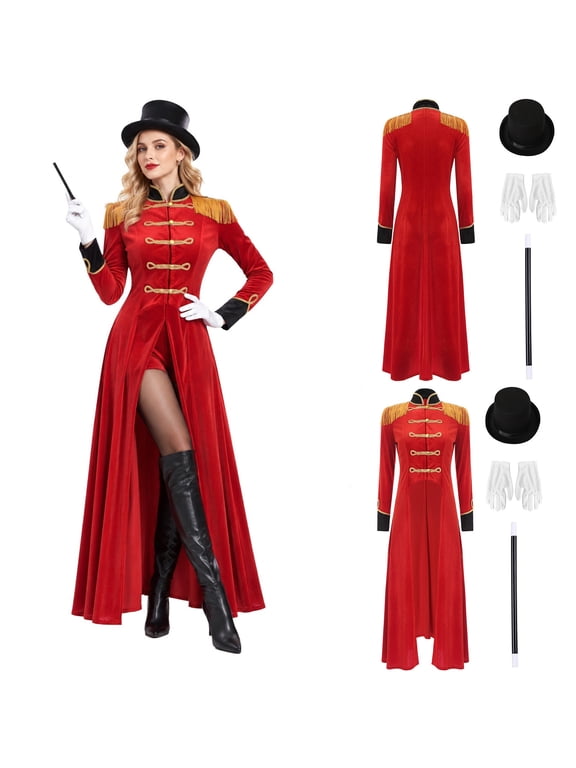 Womens Circus Ringmaster Tassel Shoulder Board Long Sleeve Velvet Tailcoat Jacket with Hat Wand and Gloves for Halloween Magic Show Red L