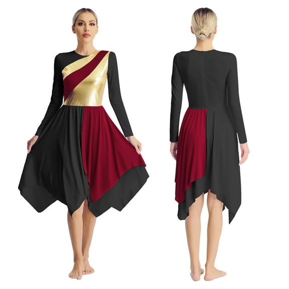 iiniim Womens Color Block Lyrical Praise Dance Dress Liturgical Dancewear Church Attire Costume Burgundy&Black XXL