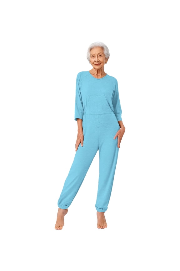 Womens Elderly Adaptive Anti-Strip Jumpsuit Loose Fit Nursing Rompers for Dementia Special Needs and Disabilities Light Blue S
