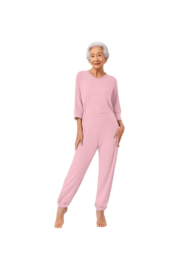 Womens Elderly Adaptive Anti-Strip Jumpsuit Loose Fit Nursing Rompers for Dementia Special Needs and Disabilities Pink XXL