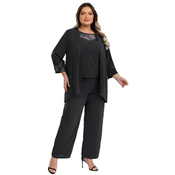 iiniim Womens Elegant Wedding Guest Pants Suit 3 Piece Set Formal Chiffon Lace Evening Party Size S-5XL Black L