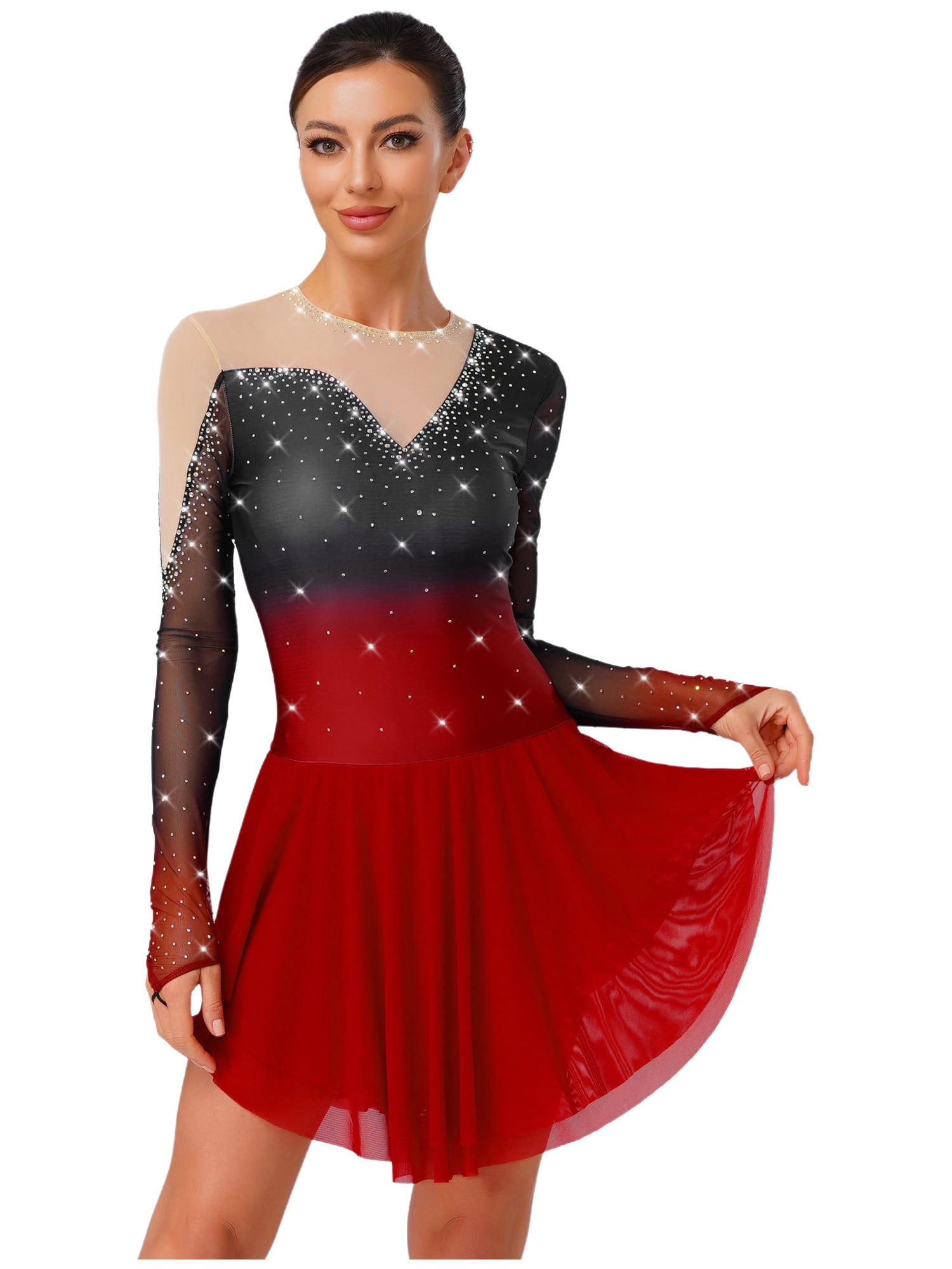 iiniim Womens Glittery Figure Skating Gradient Dress Gymnastics Active Costume Burgundy M