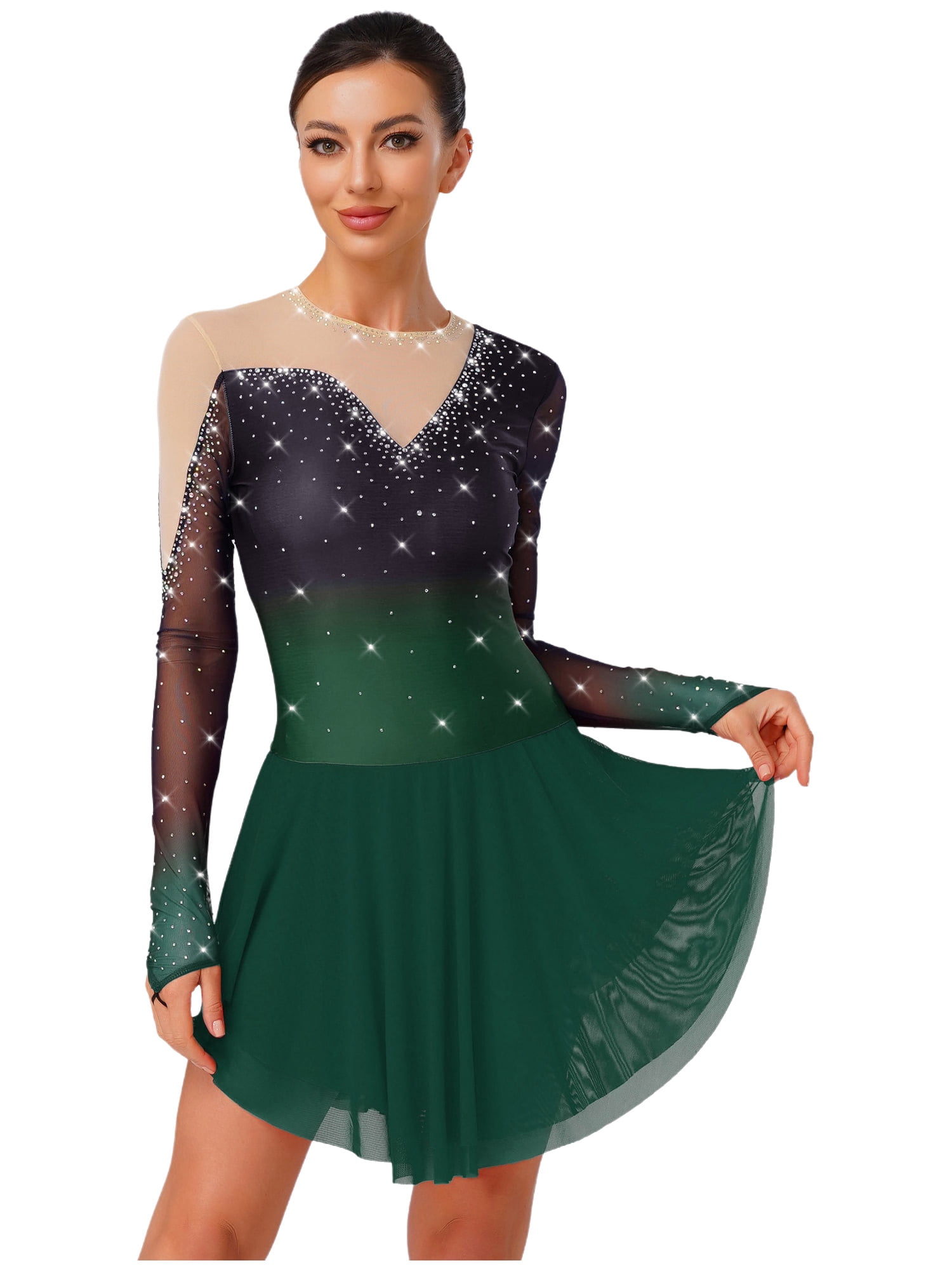 iiniim Womens Glittery Figure Skating Gradient Dress Gymnastics Active Costume Green L