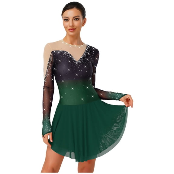 iiniim Womens Glittery Figure Skating Gradient Dress Gymnastics Active Costume Green M
