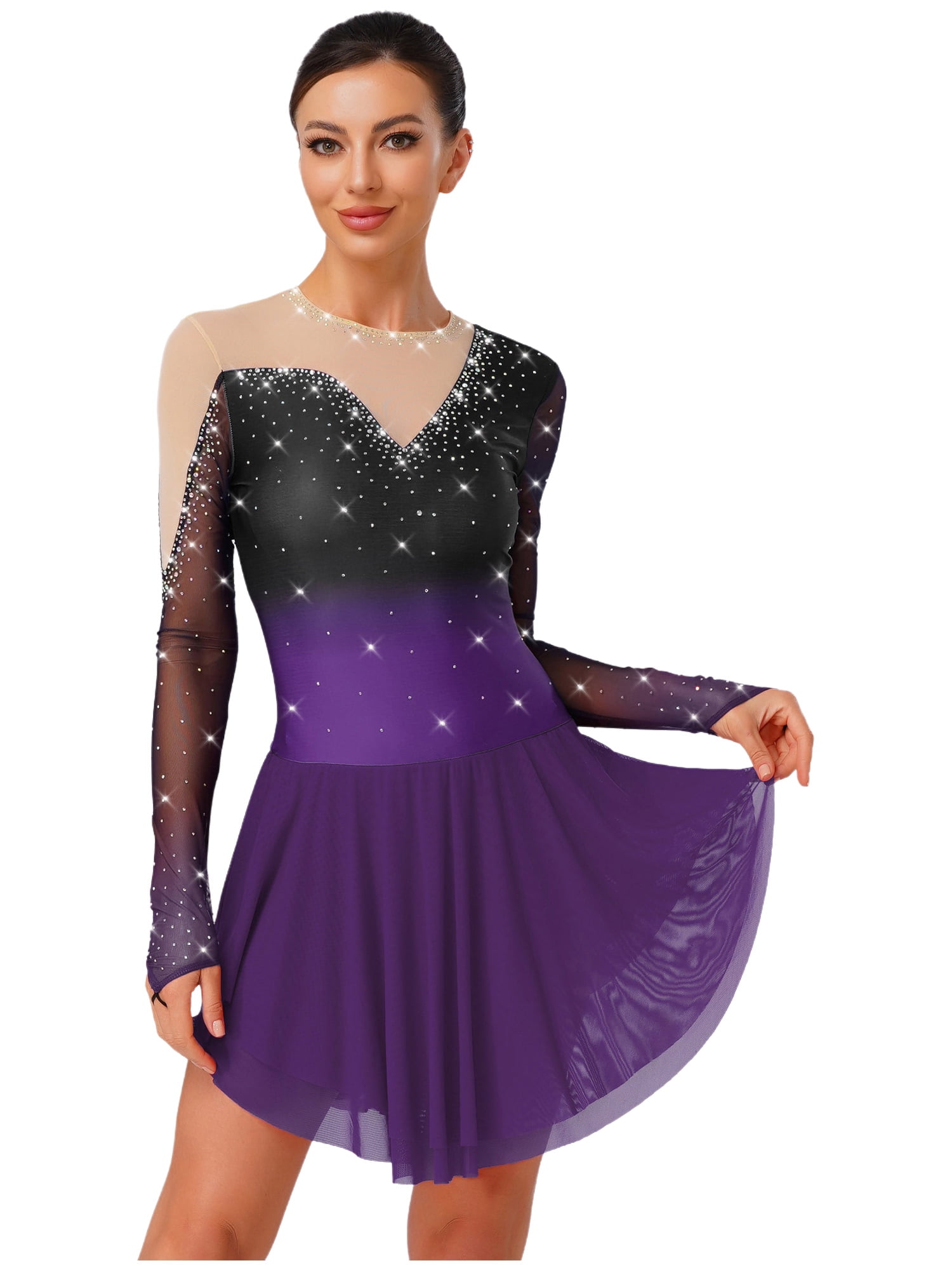iiniim Womens Glittery Figure Skating Gradient Dress Gymnastics Active Costume Purple XL