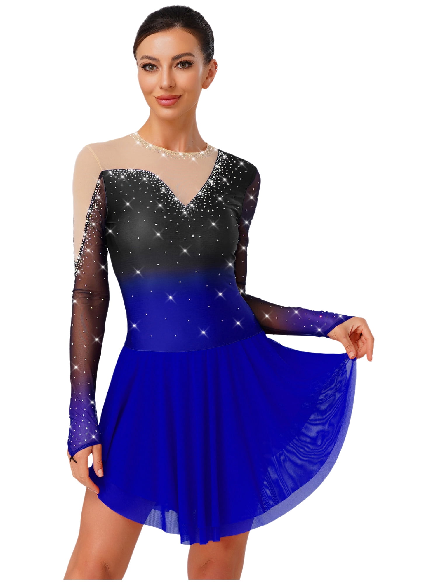 iiniim Womens Glittery Figure Skating Gradient Dress Gymnastics Active Costume Royal Blue XL