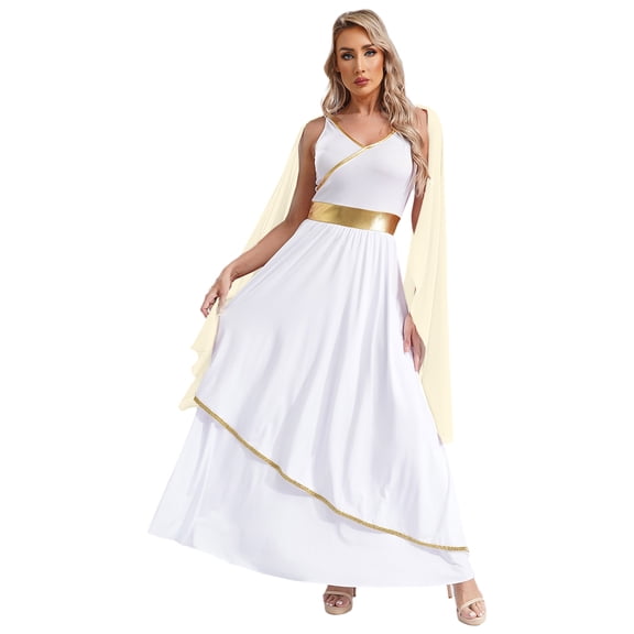 iiniim Womens Greek Roman Prince Goddness Costume Grecian Queen Toga Robe Halloween Fancy Dress Champagne 4XL
