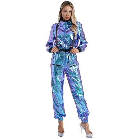 iiniim Womens Halloween Astronaut Costume One Piece Shiny Metallic Bodysuit Outer Space Clothes Blue M