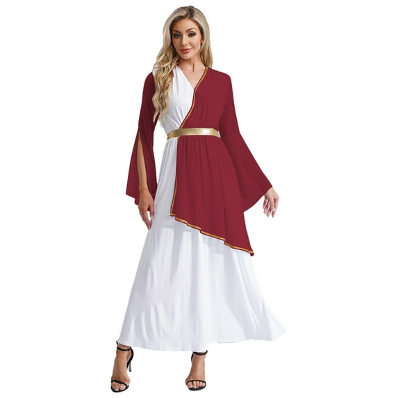 iiniim Womens Halloween Costume Roman V Neck Queen Princess Ancient Toga Gown Fancy Dress Burgundy XXL