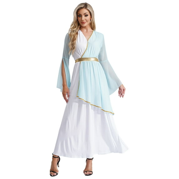 iiniim Womens Halloween Costume Roman V Neck Queen Princess Ancient Toga Gown Fancy Dress Light Blue 3XL