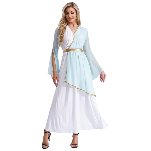 iiniim Womens Halloween Roman V Neck Queen Princess Ancient Toga Gown Fancy Dress Light Blue XL
